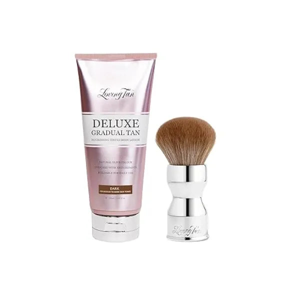 Loving Tan Deluxe Gradual Tan Lotion, Dark Natural Looking Self Tanner + Flawless Blending Brush Streak Free Application, Ultra Soft Vegan Bristles