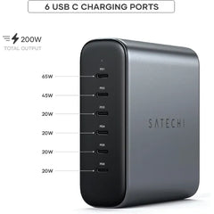 Satechi 200W 6-Port GaN Charging Station, 2 140W USB-C and 4 USB-C, Fast Charging Travel Charger for Multiple Devices, for MacBook Air/Pro/Neo, iPad Air/Pro, iPhone 17, Thunderbolt Devices