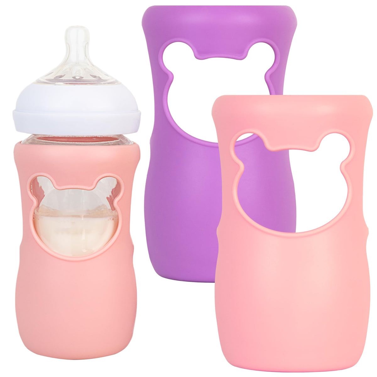 Aelop 100% Silicone Baby Bottle Sleeves for Philips Avent Natural Glass Baby Bottles, Premium Food Grade Silicone Bottle Cover, Cute Bear Design, 8oz, Pack of 2 (Pink and Purple)
