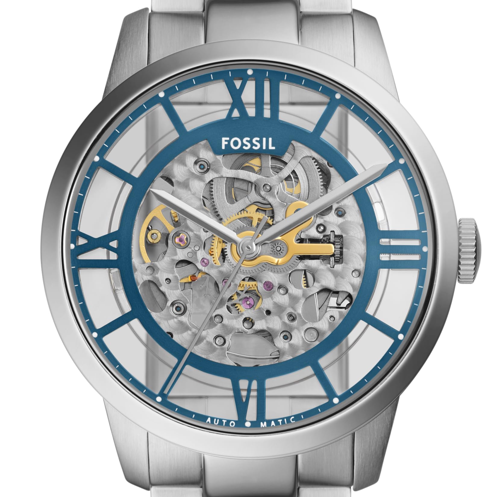 Fossil Men's Townsman Automatic Stainless Steel and Leather Three-Hand Skeleton Watch, Color: Silver/Pacific Blue Indices (Model: ME3260)