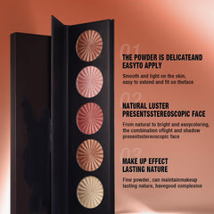 Khazna Highlighter Powder Palette, Makeup Palette Facial Bronzers Illuminator Palette Highlighter Baked Waterproof Long Lasting Brilliant Lighten Skin Color (5 Color, 1 Count (Pack of 1))