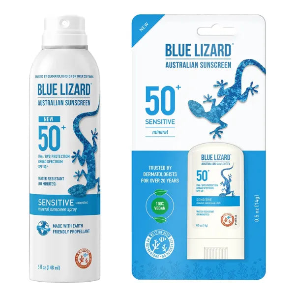 BLUE LIZARD Sensitive Mineral Sunscreen Bundle SPF 50+ – 5 oz Spray + 0.5 oz Stick