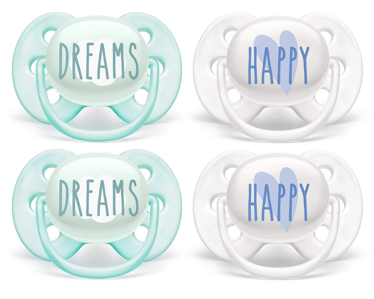 AVENT Philips Ultra Soft Pacifier 0-6 Months, Dreams and Happy Designs, 4 Pack, White/Green, SCF222/43