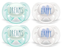 AVENT Philips Ultra Soft Pacifier 0-6 Months, Dreams and Happy Designs, 4 Pack, White/Green, SCF222/43