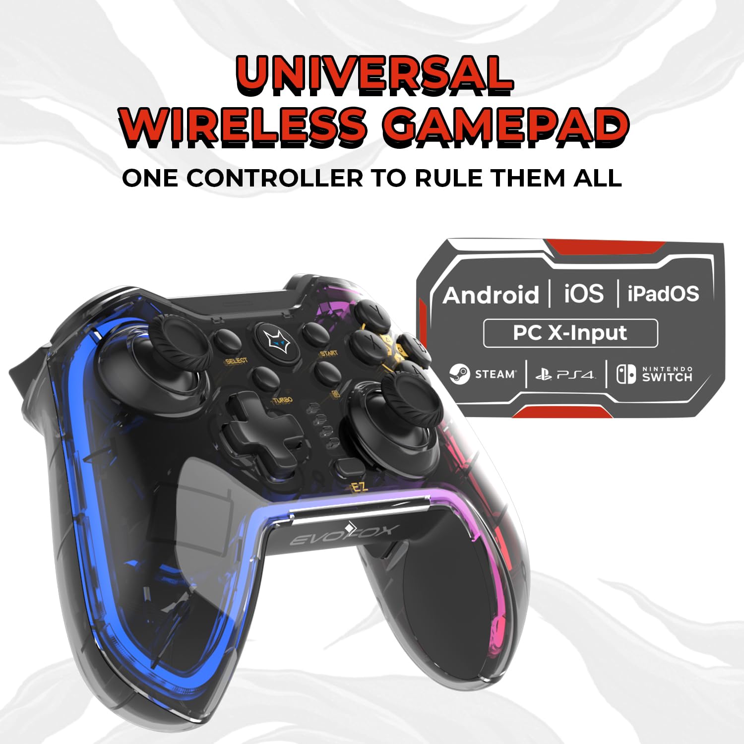 Amkette EvoFox One Universal Bluetooth Gamepad For iOS, iPadOS, Android, PS4 and PC (X-Input) with The Dojo App, Detachable Mobile Clamp, Low Latency Bluetooth 5.1 and More (Transparent)