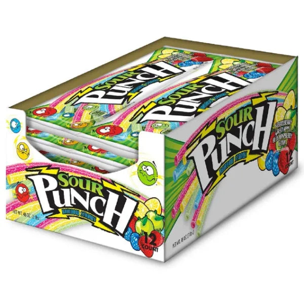 Sour Punch Straws, Rainbow Flavors, 4.5oz Tray (Pack of 12), Lemon, Apple, Strawberry & Blue Raspberry Soft and Chewy Candy