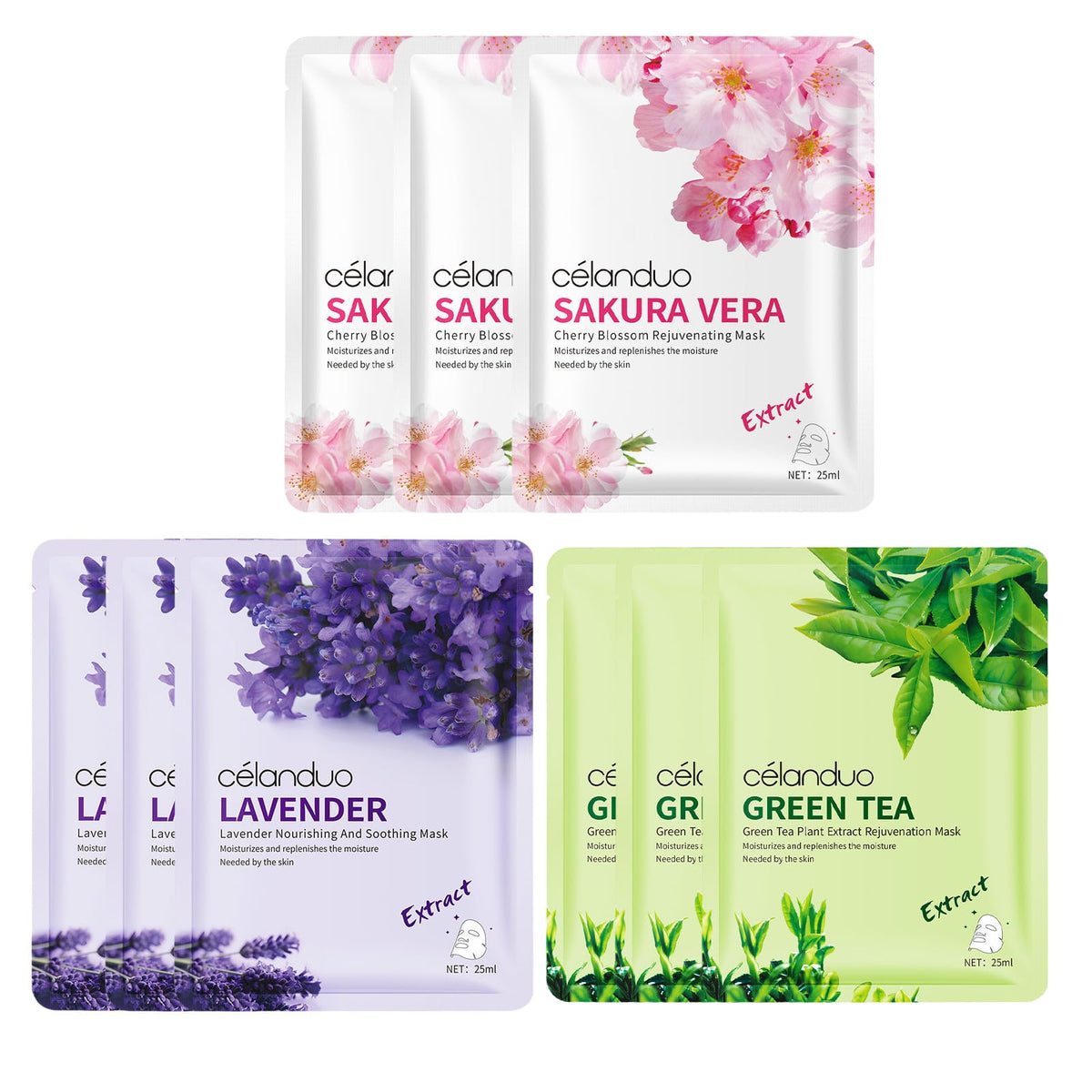 Fowerher Sheet Face Mask, Aloe Vera, Lavender & Sakura, Hydrating Treatment, 9 Pieces