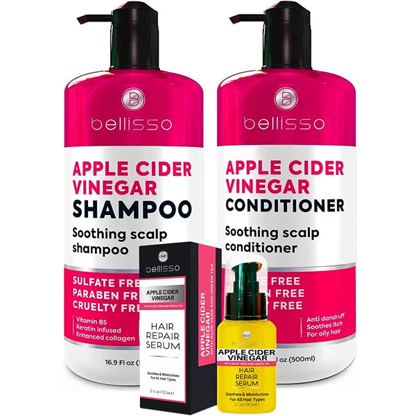 BELLISSO Apple Cider Vinegar Hair Serum Oil and Apple Cider Vinegar Shampoo and Apple Cider Vinegar Conditioner