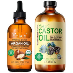 Yoken Organic Carrier Oil – Castor Oil 16 fl oz & Argan Oil 4 fl oz | 100% Pure Cold-Pressed Natural Oils for Hair, Face, Skin & Scalp Care