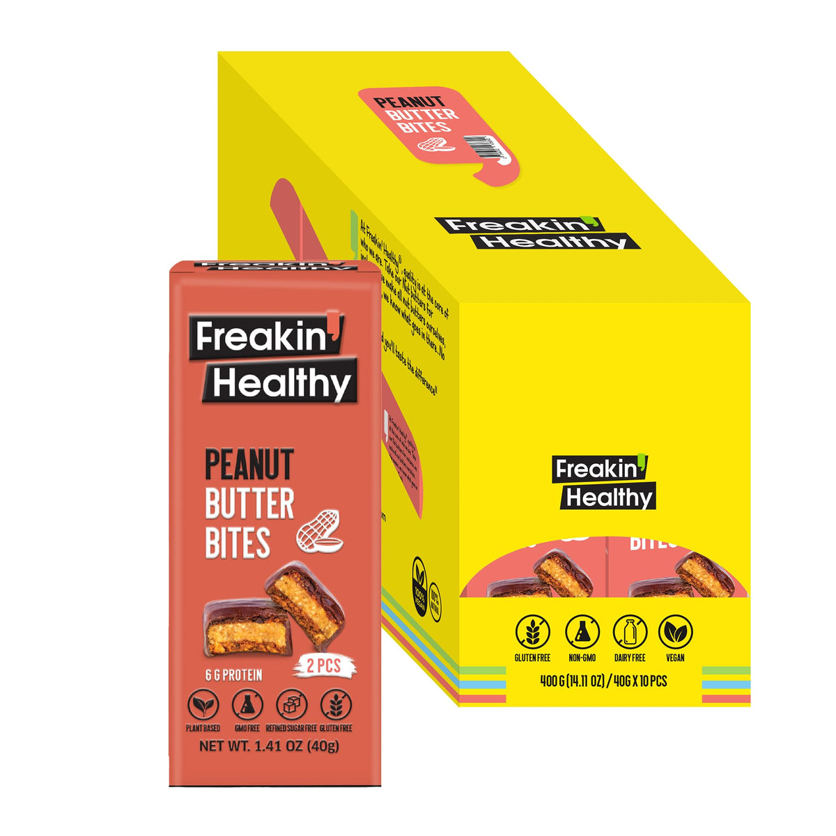Freakin Healthy Peanut Butter Bites, Nut Butter Snack with Raw Chocolate, Plant Based & Naturally Sweetened - 400g, Pack of 10