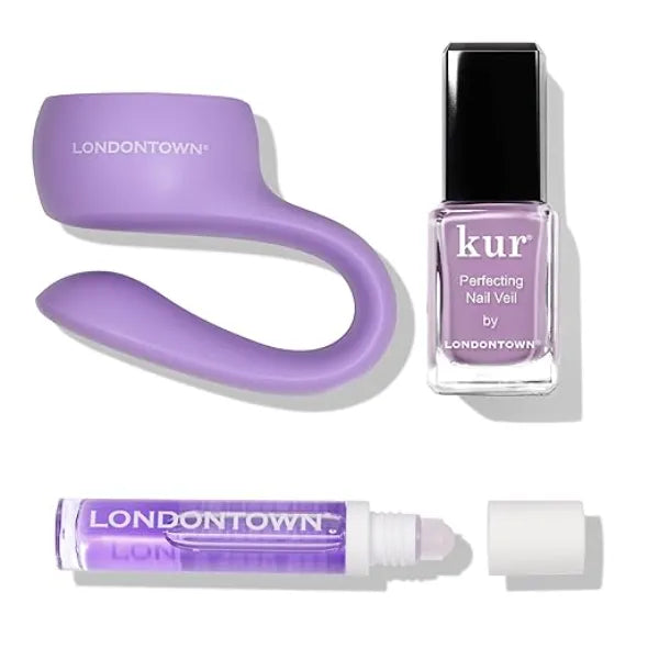 LONDONTOWN Violet Vibes Nail Polish Set Perfecting Nail Veil #9, Sheer Lilac Tint, .40fl oz, with Bottle Service Polish Holder and Roll & Glow Cuticle Oil, Passionfruit for Dry Cracked Cuticle Care