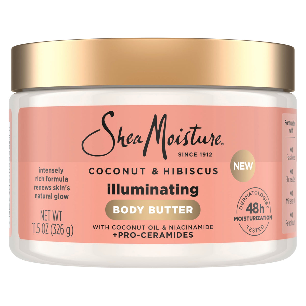 Shea Moisture Illuminating Body Butter with Coconut & Hibiscus, Niacinamide & Pro-Ceramides, Renews Skin's Natural Glow, 48-Hour Hydration, 11.5 oz