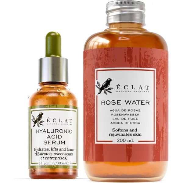 Eclat Skincare Unclog & Hydrate - Rose Water Toner and Hyaluronic Acid Serum - Combo Pack - 100% Vegan & Dermatologist Developed