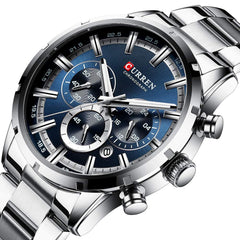 CURREN Herren-Armbanduhr Sport Quarz Chronograph Armbanduhr mit Leuchtzeigern Mode Edelstahl Uhr Datum - silver blue