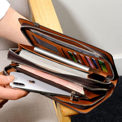 Azonee Genuine Leather Wallet for Men Checkbook Credit Cards Vintage Long Bifold Wallet Clutch Purses for Men