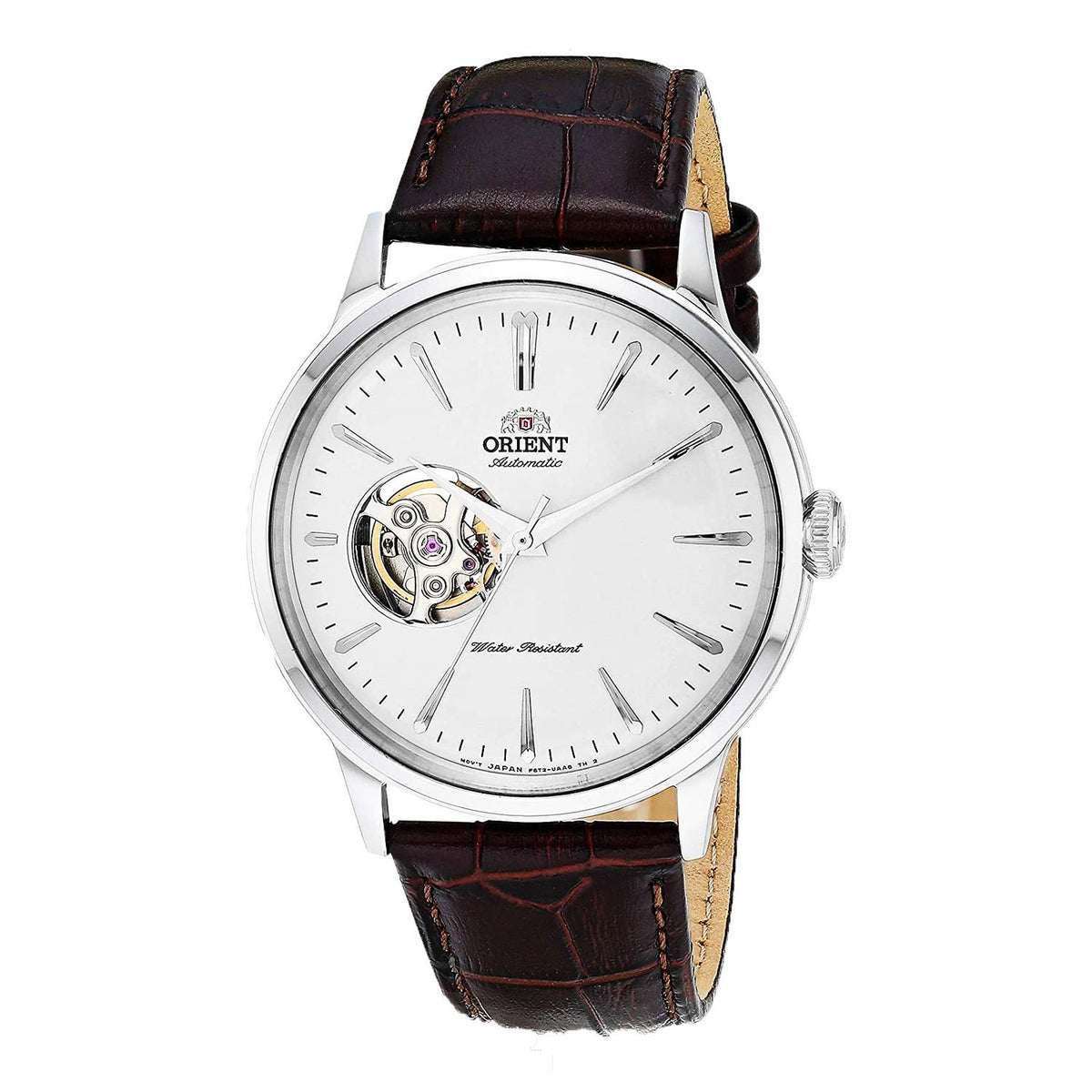 Orient 'Bambino Open Heart' Japanese Automatic Stainless Steel and Leather Dress Watch