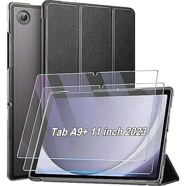 Muzz Samsung Galaxy Tab A9+ Plus Case 10.9/11 Inch 2023 with 2 Pack Tempered Glass Screen Protectors - Black