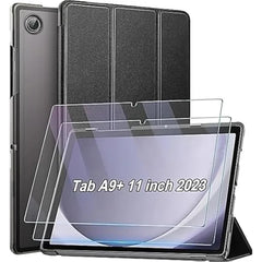 Muzz Samsung Galaxy Tab A9+ Plus Case 10.9/11 Inch 2023 with 2 Pack Tempered Glass Screen Protectors - Black