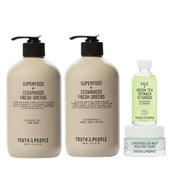 Youth To The People Superfood Face + Hand Care, Vegan Skincare Bundle Set, Kale + Green Tea Face Cleanser (2oz) + Air-Whip Facial Moisturizer (0.5oz) + Hand Wash (13.1oz) + Body Lotion (13.1oz)