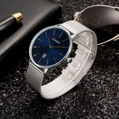 CURREN Mens Analog Watch Stainless Steel Case Blue Dial Date Window Silver Stainless Steel Bracelet