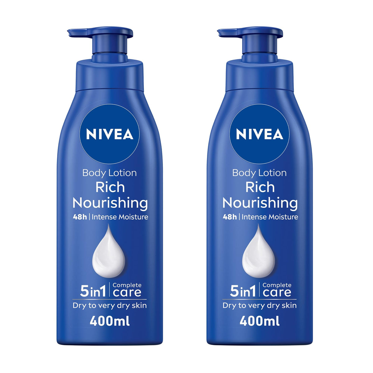 NIVEA Body Lotion for Dry to Very Dry Skin, Rich Nourishing, 5in1 Complete Care, 48H Intense Moisture, 2x400ml, Pack of 2