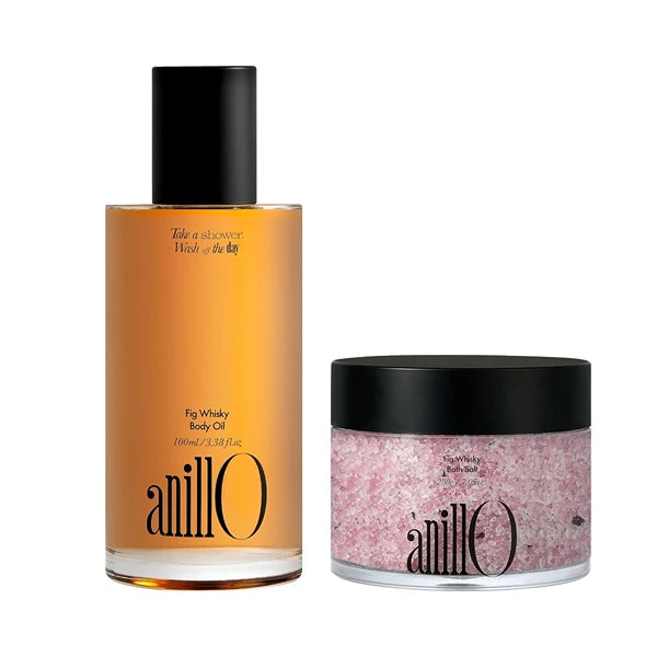 ANILLO Fig Whisky Body Care Duo – Hydrating Body Oil (3.38 fl. oz) & Aromatherapy Bath Salt (7.05 oz) with Fig, Argan & Jojoba Oils – Deep Moisture, Silky Glow & Relaxing Spa Experience