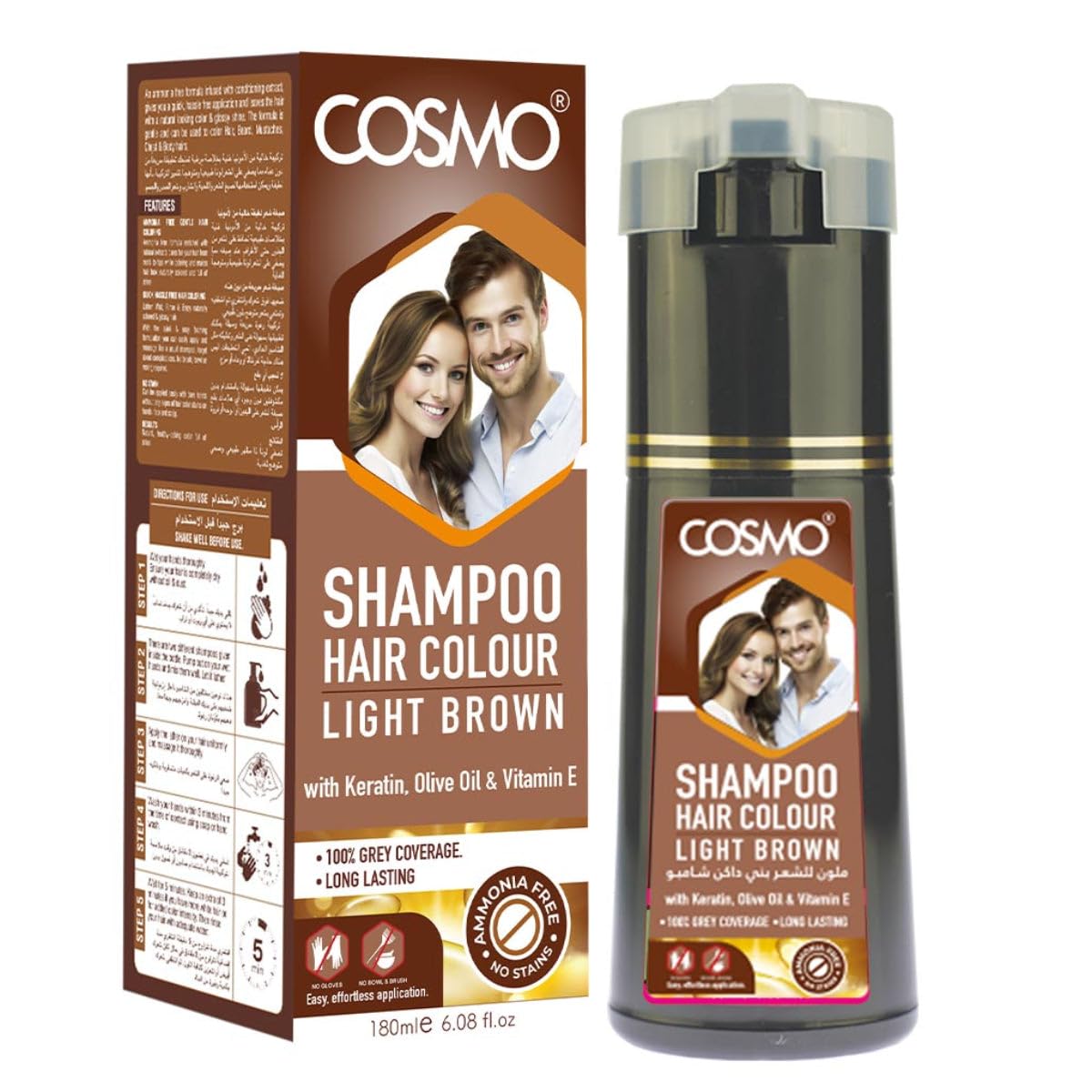 Cosmo Hair Colour Shampoo Light Brown 180ml | With Keratin, Olive Oil & Vitamin E | 100% Grey Coverage | No Ammonia | No Stain | Long-Lasting Hair Color | For Men & Women | Hair Colors In Minutes