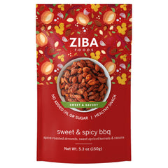 Ziba Foods Sweet & Spicy BBQ Snack Mix - Heirloom Almonds, Sweet Apricot Kernels & Kishmish Raisins with Smoky Barbecue Spices, Dry Roasted No Oil or Sugar, Non-GMO Vegan Snack - 1 Pack (150g)