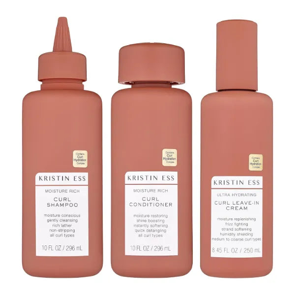 Kristin Ess Curl Regimen Bundle - Moisture Rich Curl Shampoo and Conditioner + Ultra Hydrating Curl Leave-In Cream, Vegan, Sulfate, Paraben and Silicone Free, Color + Keratin Safe, 3-pack