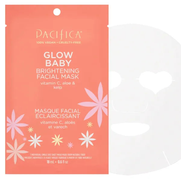 Pacifica Sheet Face Mask - Glow Baby Brightening Facial Mask w/Vitamin C, Aloe & Kelp – Cooling Mask for Dark Spots & Fine Lines - Clean Beauty Vegan & Cruelty-Free Dermatologist Tested