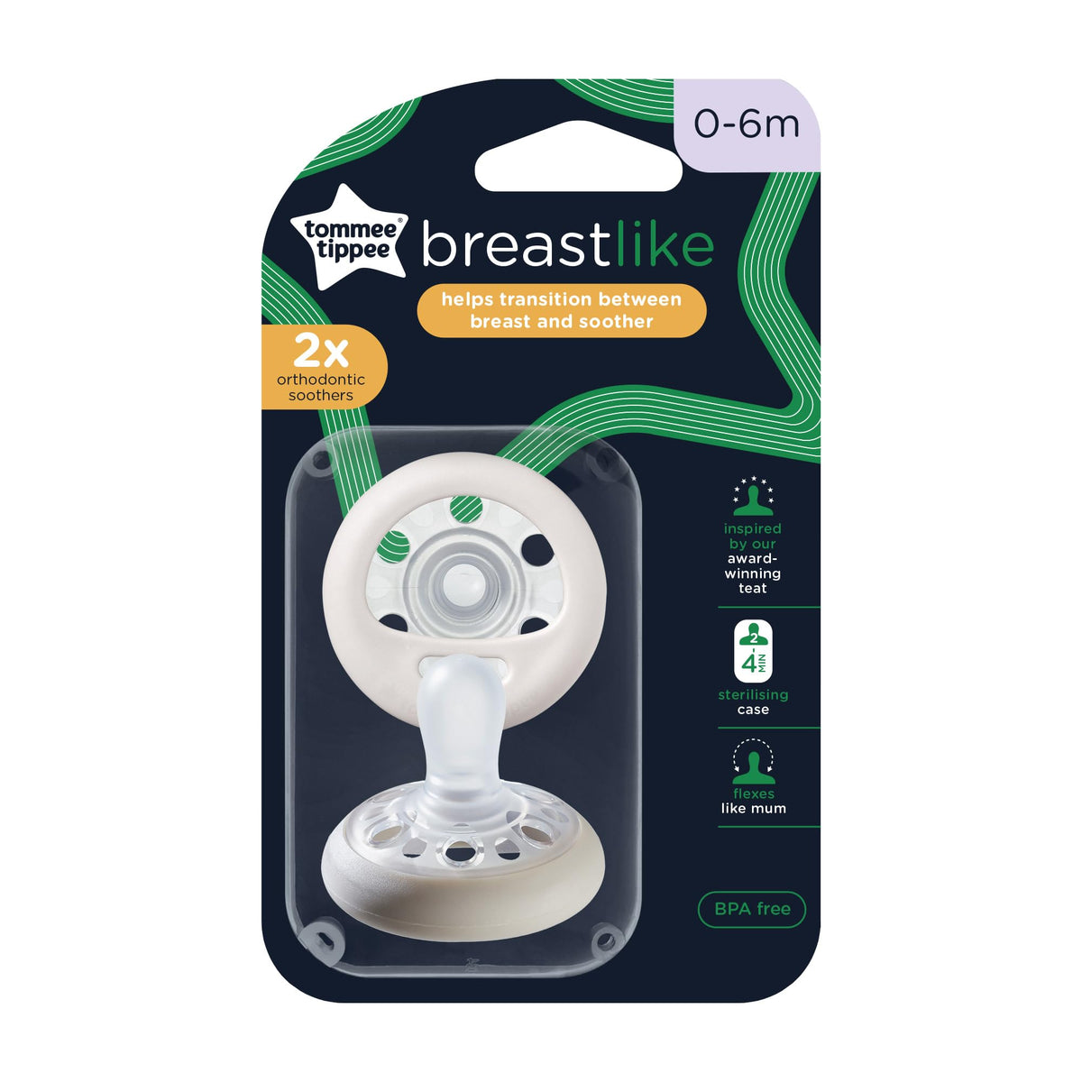 Tommee Tippee Breast-Like Soother, Skin-Like Texture, Symmetrical Orthodontic Design, BPA-Free, Includes Steriliser Box, 0-6m, Pack of 2