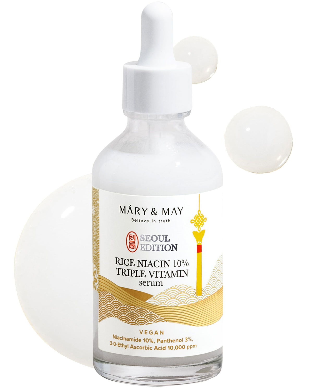 Mary&May SEOUL EDITION Rice Niacin 10% Triple Vitamin Serum - Korean Radiance Serum for Even Skin Tone and Healthy Glow - Niacinamide, and Vitamins - Fragrance-Free, Cruelty-Free, 80ml