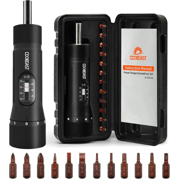 Coobeast 13PCS Torque Screwdriver Set, 10–70 In-lb 1/4" Drive with S2 Bits for Bike Repair & Maintenance