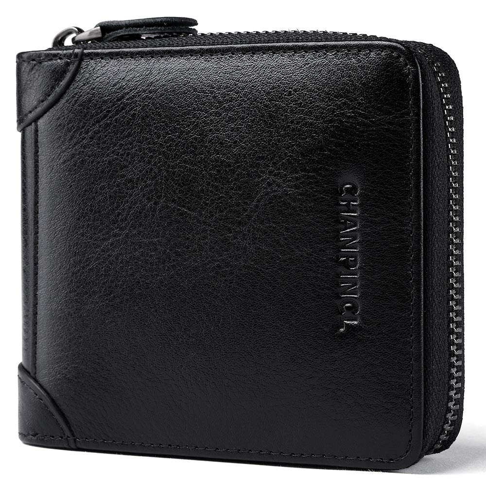 CHANPINCL Mens Genuine Leather Zipper Wallet RFID Secure Large Capacity Double Fold Multi-card Leather Wallets for Men and coin purse, Vegetable tanned leather black, One size, Classic