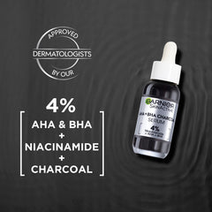Garnier Skinactive 4% AHA + BHA (Salicylic Acid) & Niacinamide Charcoal Serum, Resurface & Smooth Skin Texture, Improve Appearance Of Marks & Blemishes, Suitable for Sensitive Skin, 30ml