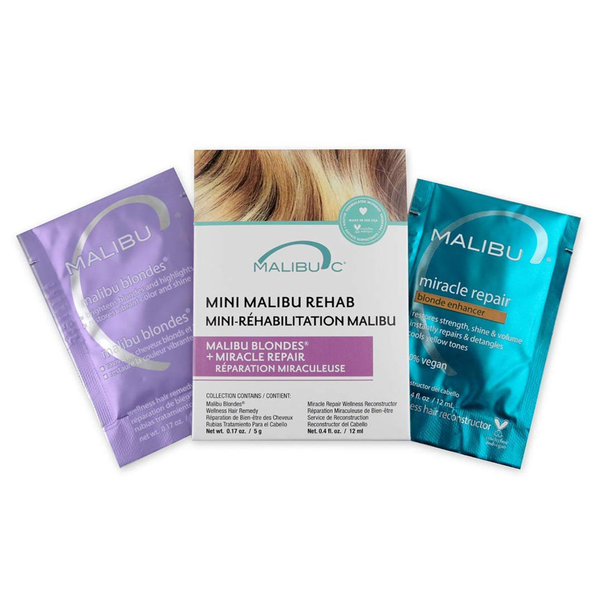 Malibu C Mini Rehab Malibu Blondes Vitamin Complex Hair Remedy to Restore Hair Vibrancy - Hair Care for Natural & Processed Blondes - Contains 2 Hair Remedy Packets