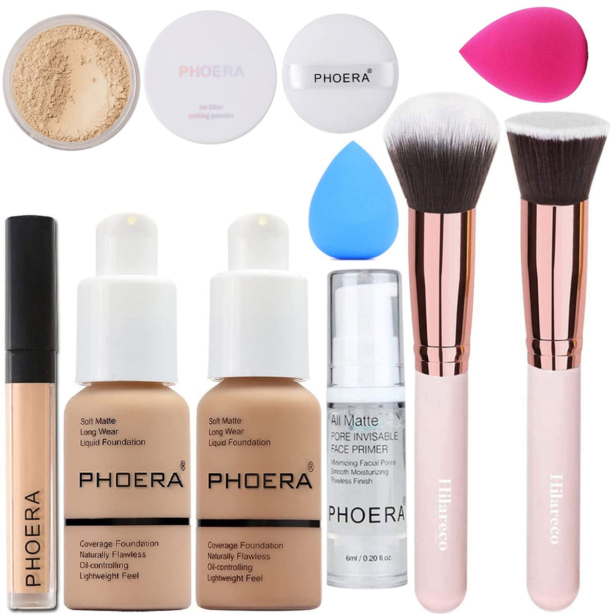 PHOERA Foundation,Full Coverage Foundation,PHOERA Primer,PHOERA Powder,PHOERA Concealer PHOERA Makeup Set, Kabuki Makeup Brushes Foundation Brush Powder Brush,2 Makeup Sponge (2 PCS #105 Sand)