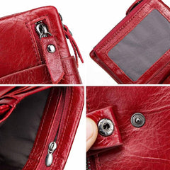 Men‘s Leather Wallet Genuine Leather RFID Blocking Bifold Zipper Pocket Card Holder with ID Window and Card Case Purse - 828-Red