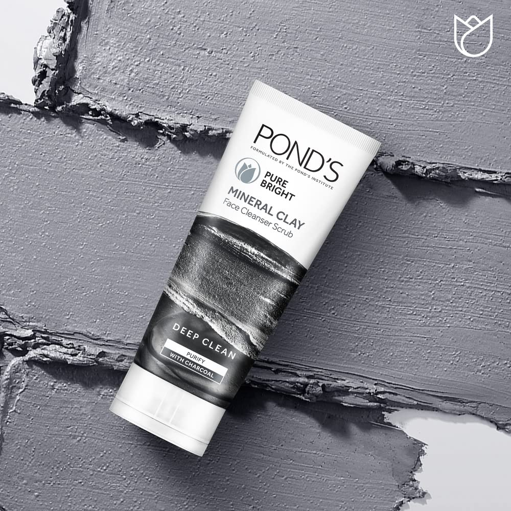 POND'S Pure Bright Mineral Clay Face Cleanser Scrub, 100% natural origin moroccan clay face wash, Purify & Deep Clean with Activated Charcoal and Niacinamide, 90g