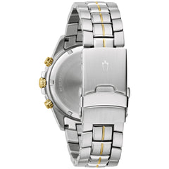 Bulova Men's Marine Star 6-Hand Chronograph Watch, Tachymeter Luminous Hands, 100M Water Resistant - Two Tone Gold/ Blue Dial