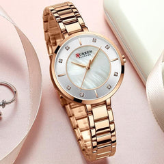 CURREN Ladies Analog Watch Rose Gold Stainless Steel Case White & Silver Dial Rose Gold Stainless Steel Bracelet