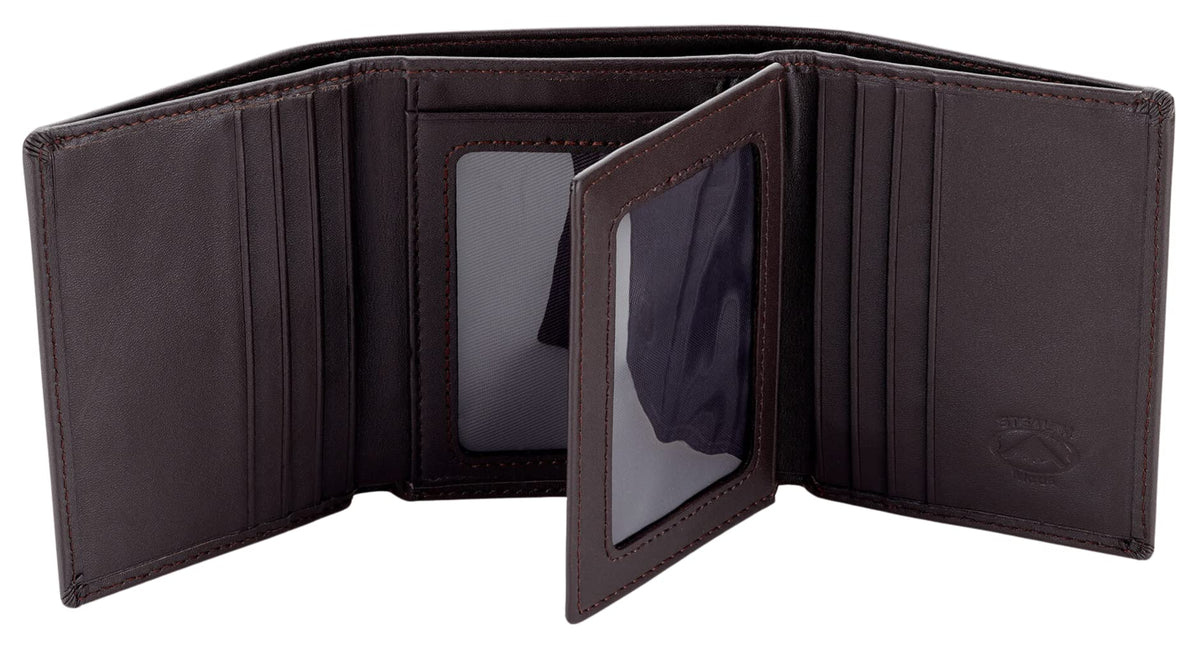 Stealth Mode Leather Trifold RFID Wallet For Men With Flip Out ID Holder - Coffee