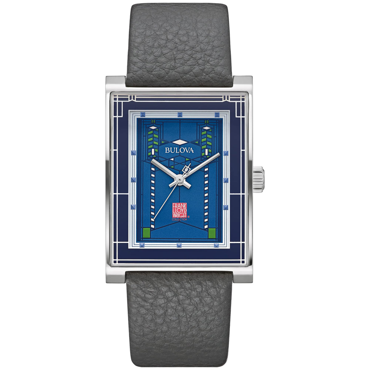 Bulova Frank Lloyd Wright Robie House Stainless Steel 3-Hand Quartz Watch, Gray Leather Strap Style: 96A287, Silver-Tone and Blue