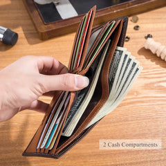 BULL CAPTAIN Wallets for Men with Double Zip Coin Purse Bifold Vintage Genuine Leather Slim Front Pocket Wallet Money Clip QB-6 (Brown)
