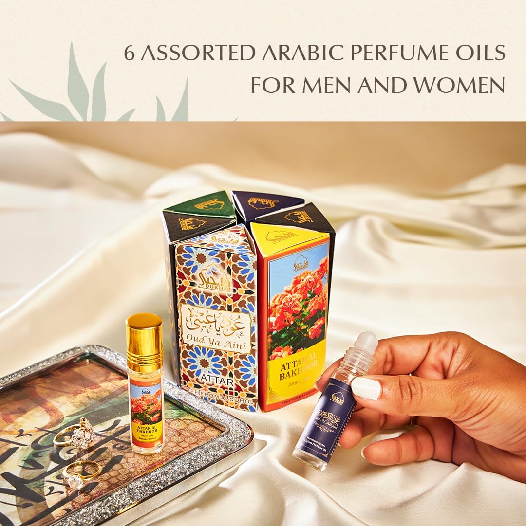 Dukhni Ma’amoul Attar Oil Set | Authentic Arabic Fragrance Oils| Long- lasting Halal Scents for Ramadan & Eid Gifts | Oud Mukhalat, Oud Mubakhar, Oud Abyad, Oud Ya Aini, Attar Al Bakhoor, Ambar Oud