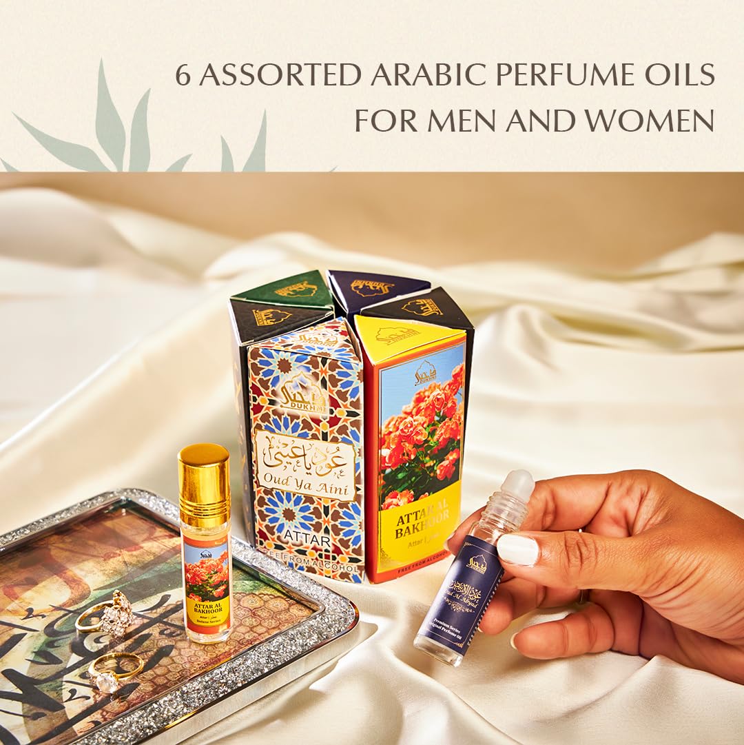 Dukhni Ma’amoul Attar Oil Set | Authentic Arabic Fragrance Oils| Long- lasting Halal Scents for Ramadan & Eid Gifts | Oud Mukhalat, Oud Mubakhar, Oud Abyad, Oud Ya Aini, Attar Al Bakhoor, Ambar Oud