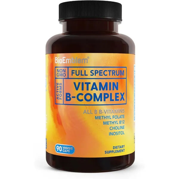 BioEmblem Vitamin B Complex, 8 Active Forms Including Methyl, 90 Capsules Methyl Folate, Methyl B12, B6, Biotin, Choline & Inositol Supports Energy Metabolism, Brain, Heart & Nerves System Health