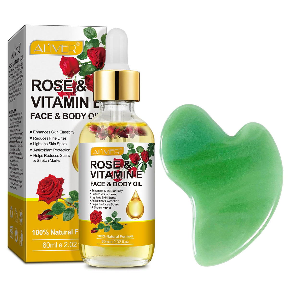 ALIVER Vitamin E Face & Body Oil with GuaSha Tool Prevent Skin Dryness, Maintain Skin Softness, Reduce Wrinkles - 60ml