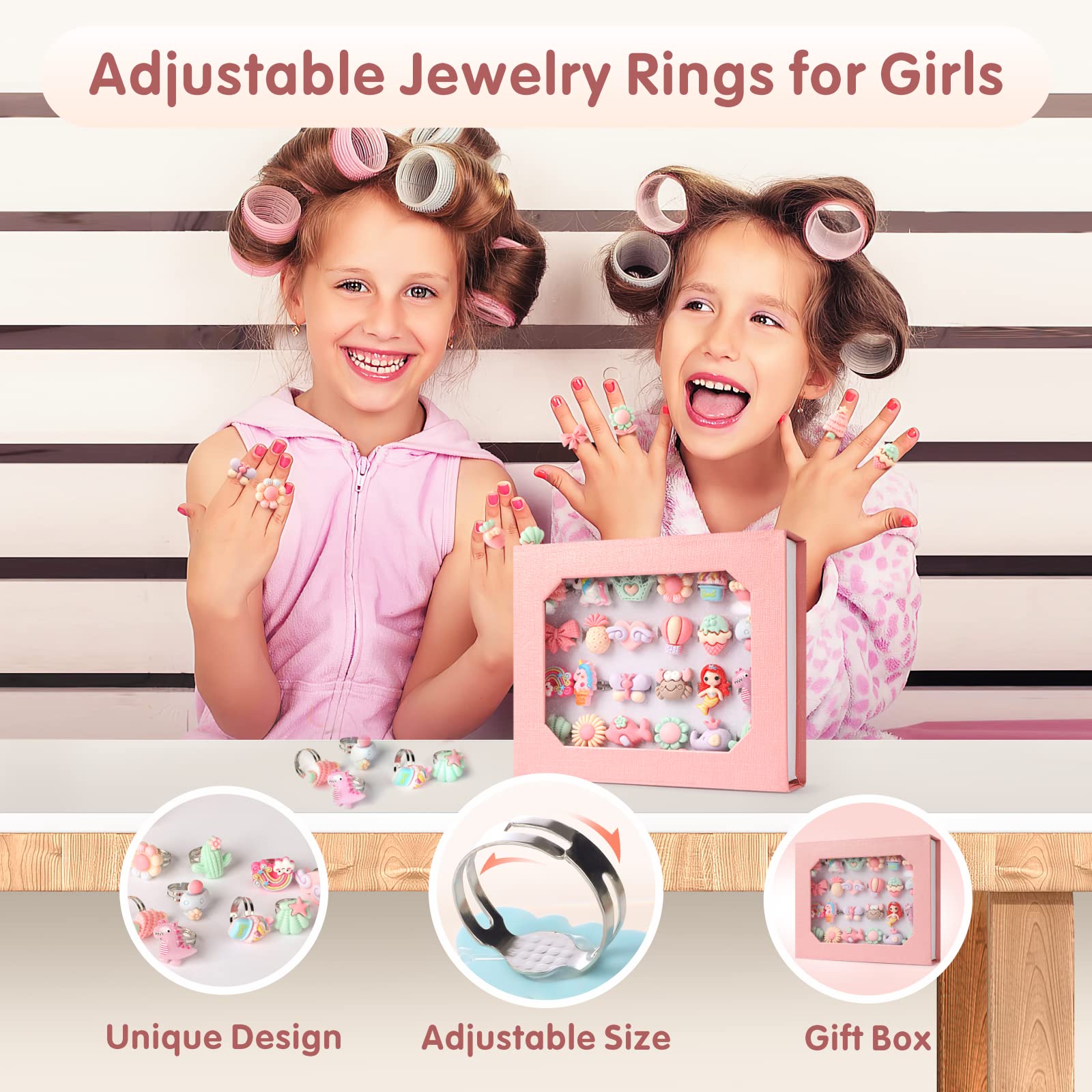 24 pcs Little Girl Adjustable Rings in Box, Jewelry Rings Gem Rings Set, Girl Pretend Play and Dress up Rings for Kids, A Variety of Rings Styles No Duplication