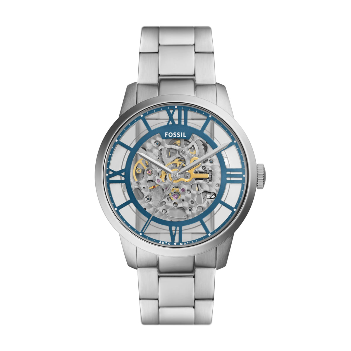 Fossil Men's Townsman Automatic Stainless Steel and Leather Three-Hand Skeleton Watch, Color: Silver/Pacific Blue Indices (Model: ME3260)